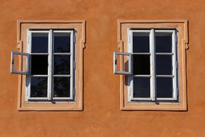 two windows on a tan wall with a tree in the window"