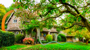 a house surrounded by trees and bushes