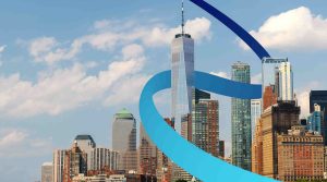 a statue of a blue ribbon in front of a city skyline