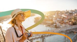 a woman wearing a hat and holding a camera