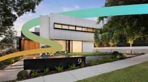 a modern house with a curved front yard